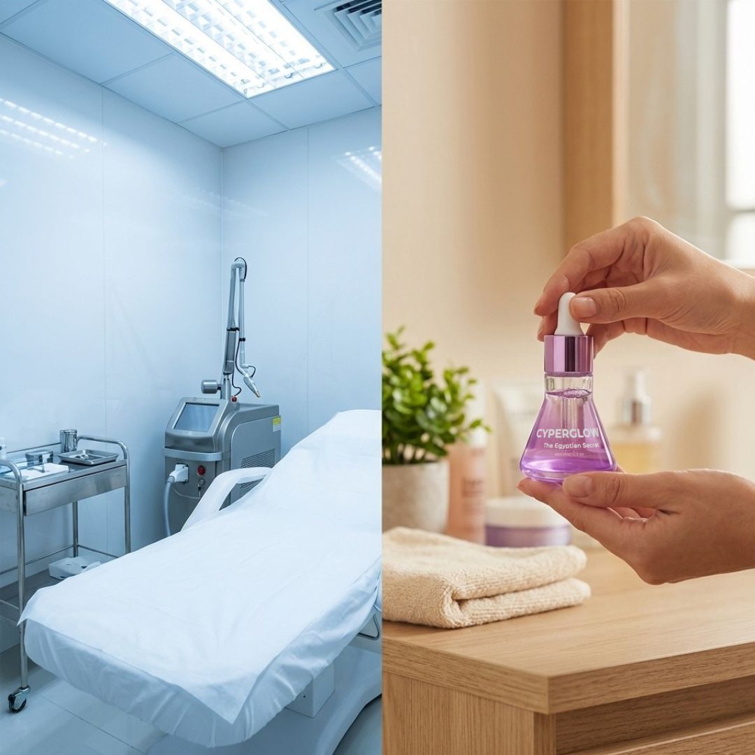 A split image showing a clinical treatment room and a person holding a purple serum bottle.