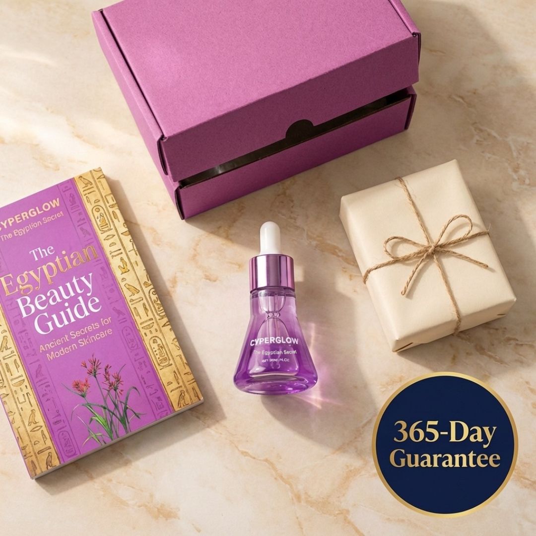A bottle of Cyperglow serum next to a book, a purple box, and a wrapped gift.