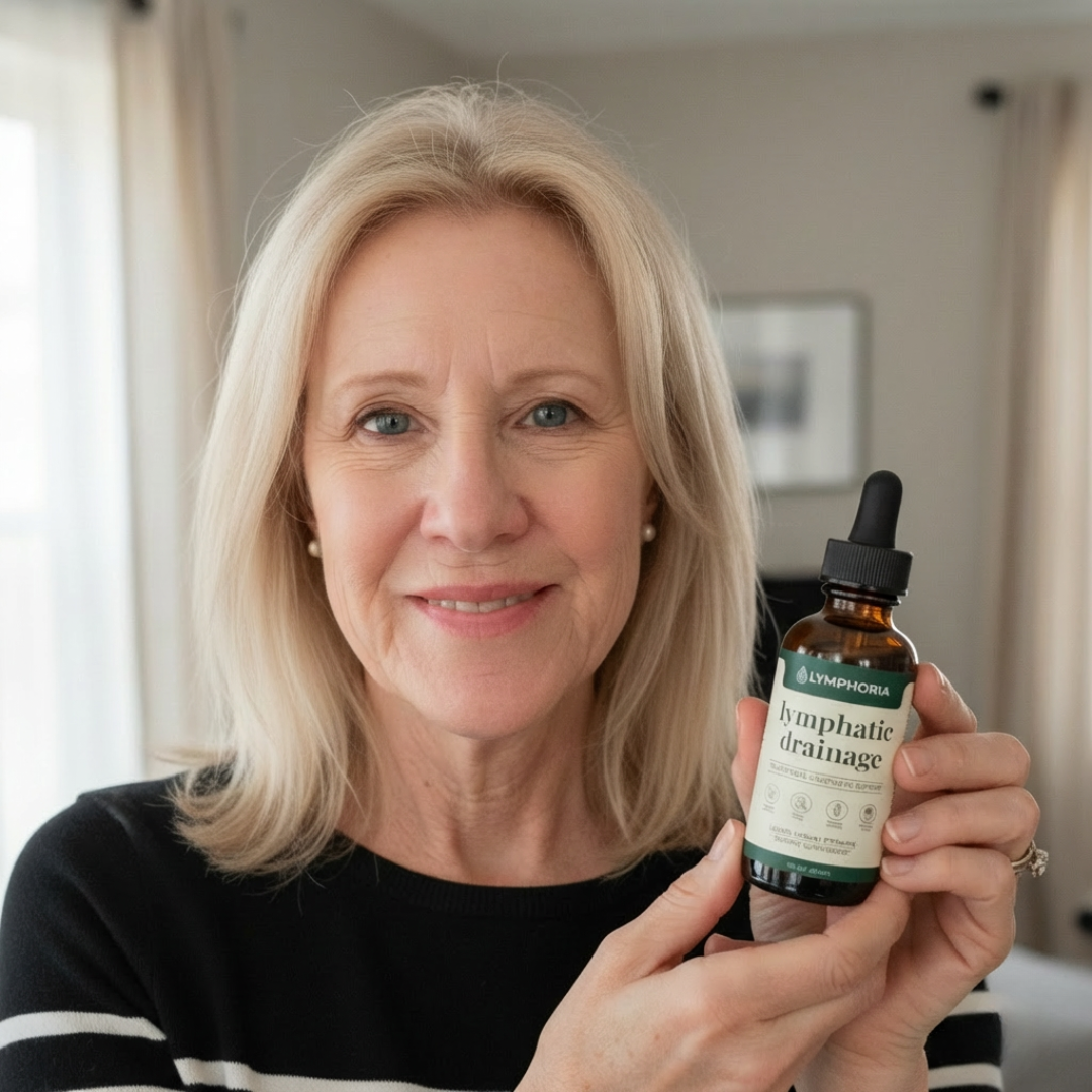 A smiling blonde woman holds a bottle of Lymphoria lymphatic drainage drops in her hands.