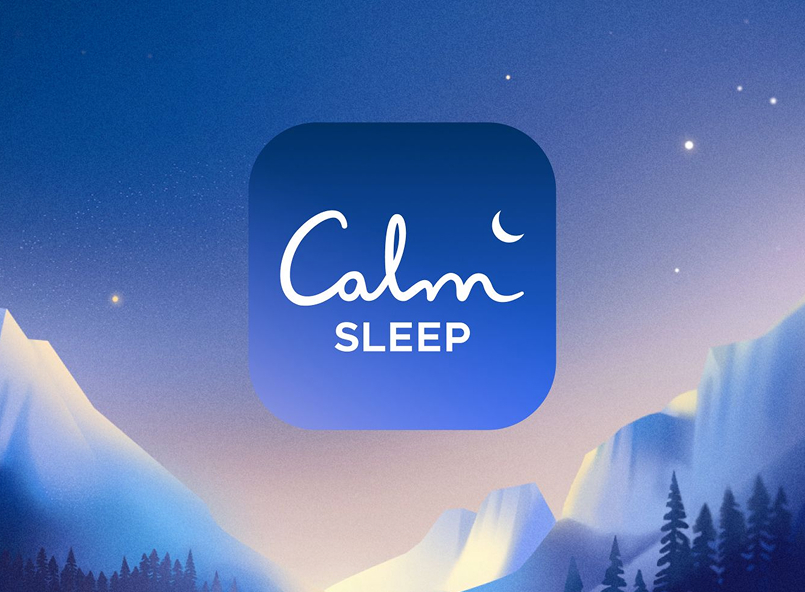 A logo with 'Calm Sleep' text and a crescent moon against a mountain background.