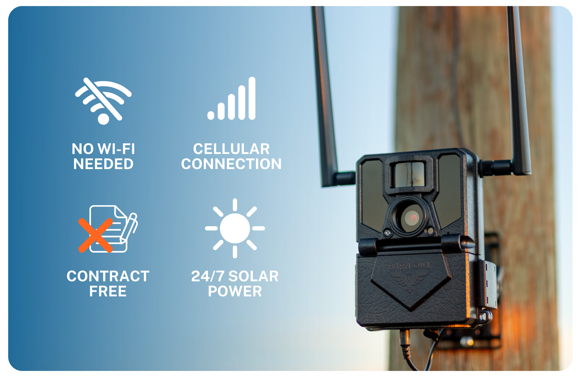 Security camera with antennas on a pole, featuring icons for connectivity and solar power.