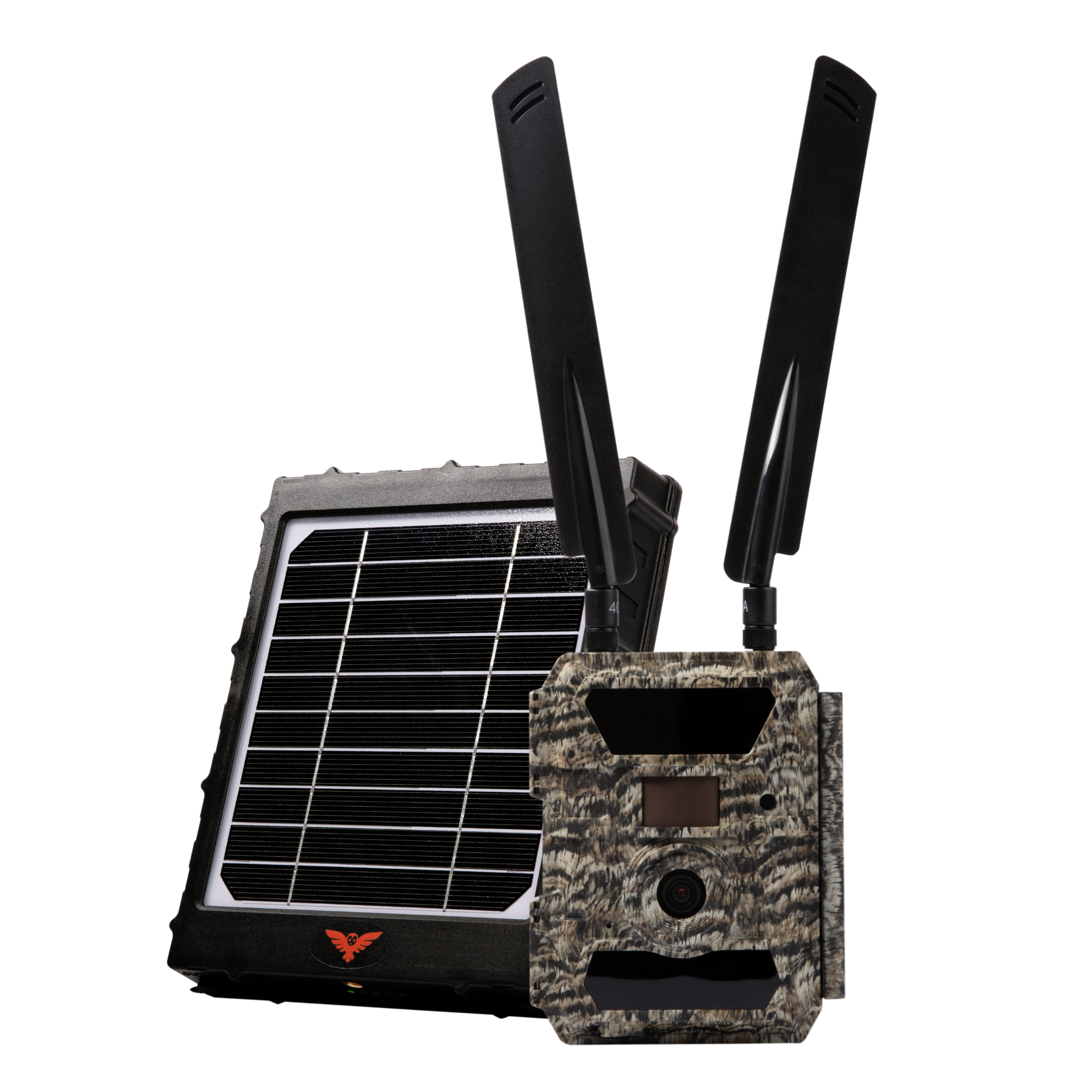 Camouflage trail camera with antennas and a solar panel.