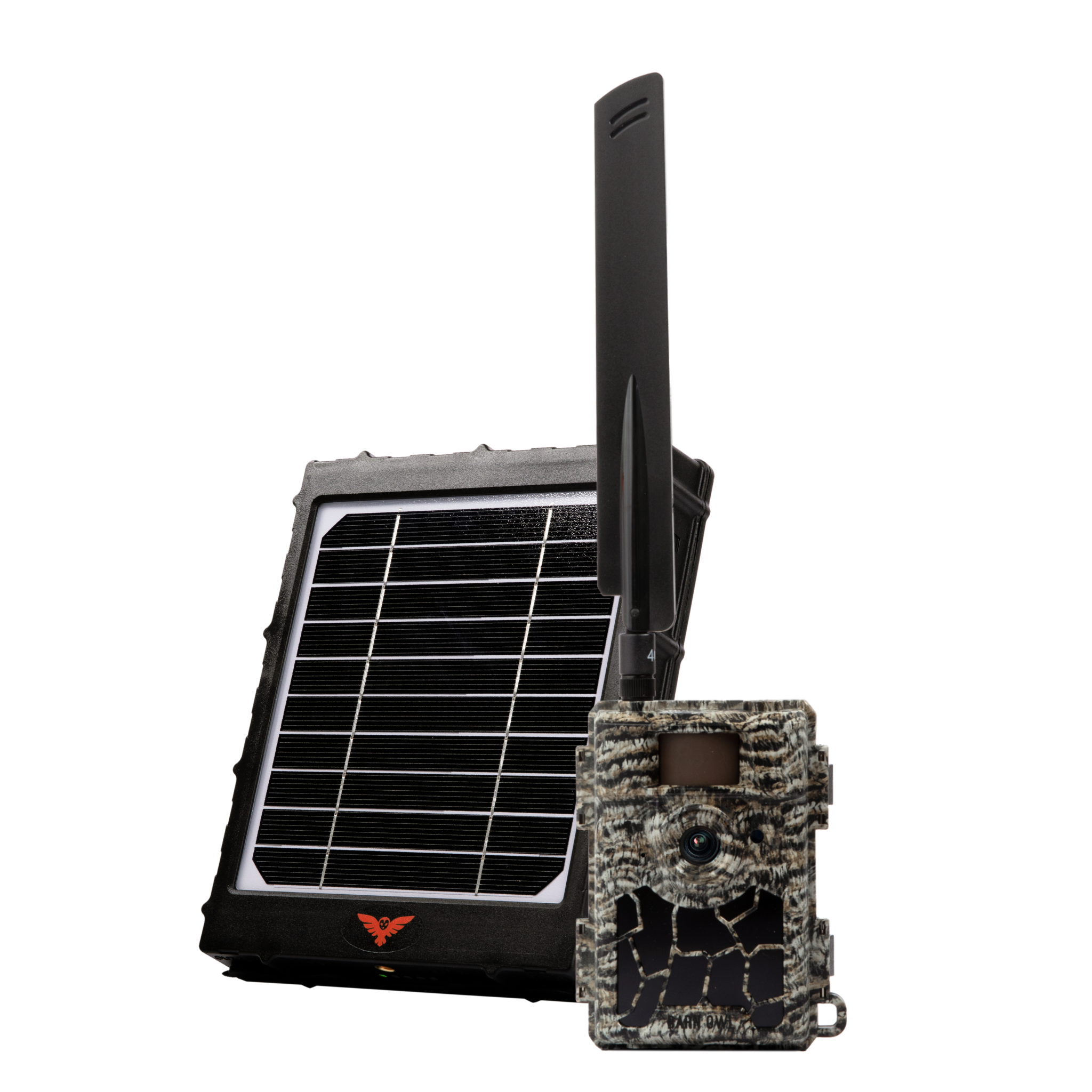 Camouflage-patterned trail camera with solar panel and antenna.