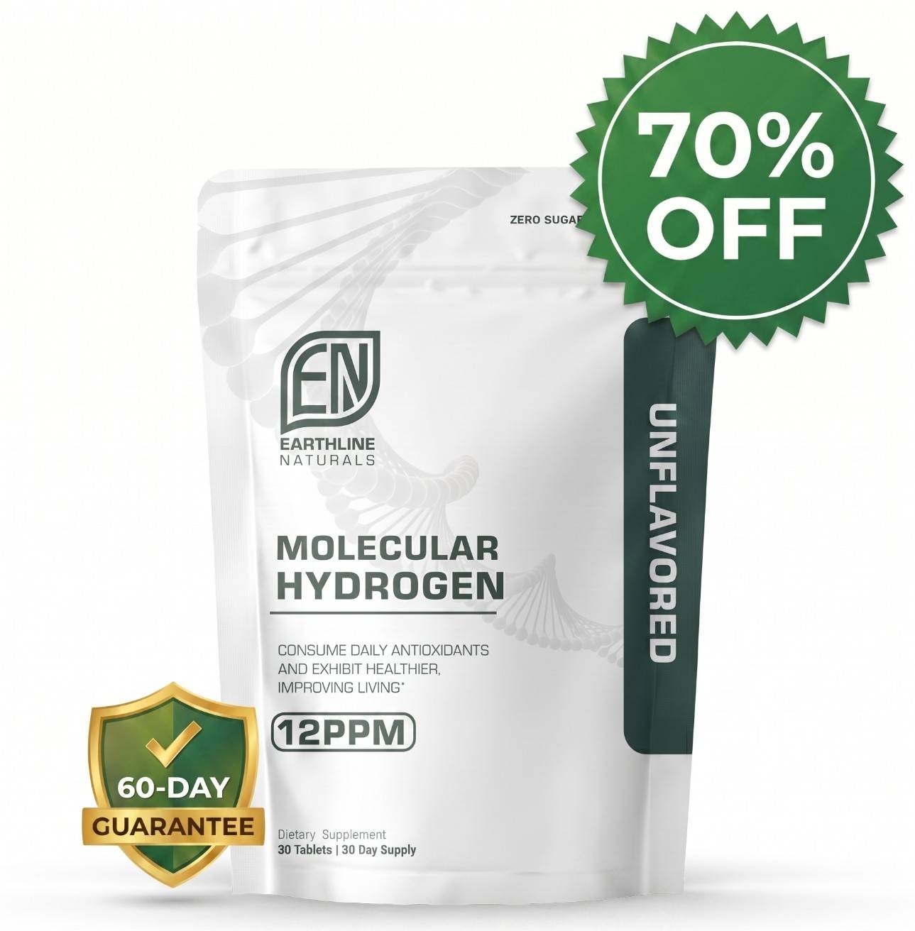 A pouch of Earthline Naturals Molecular Hydrogen supplement with a 70% off and 60-day guarantee badge.