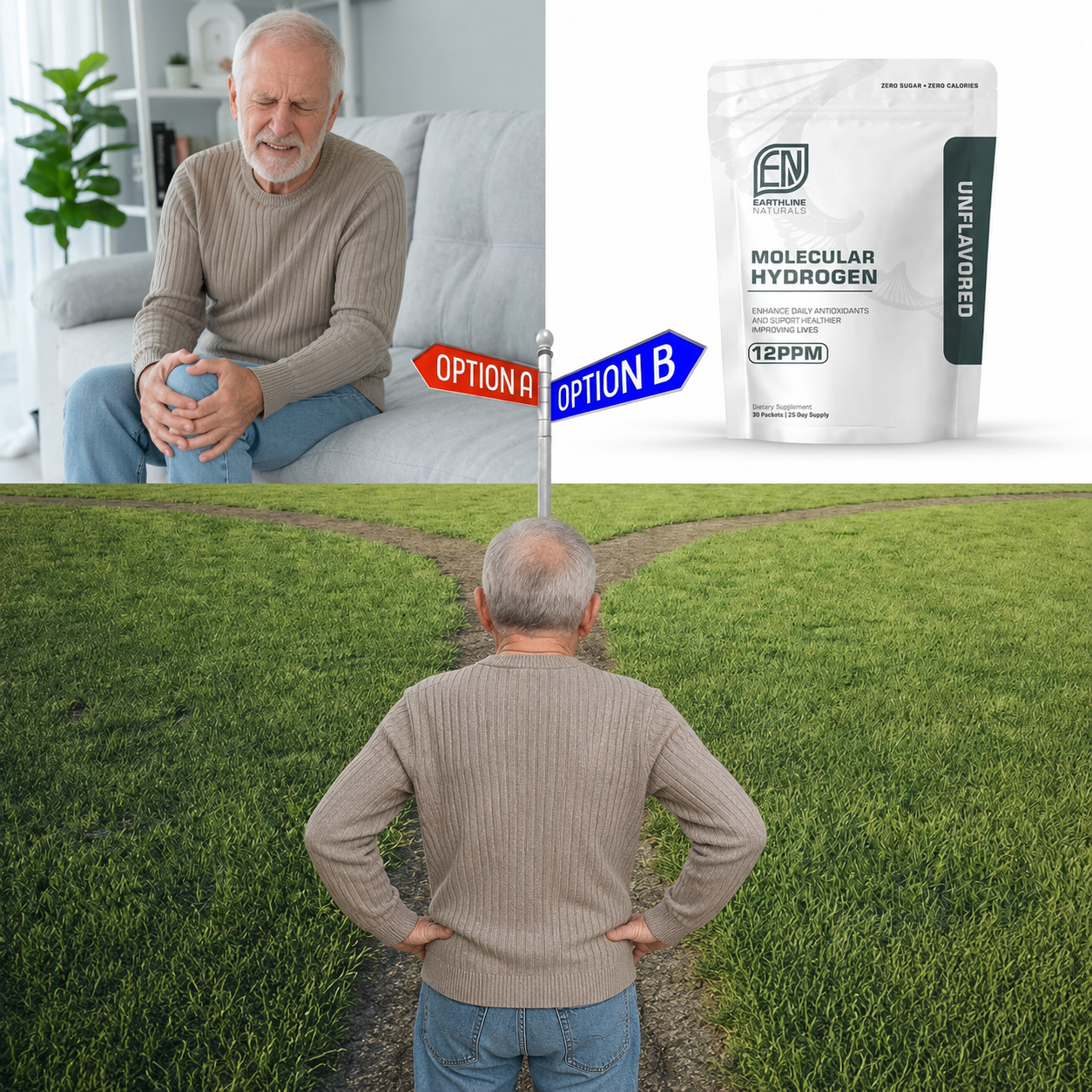 A collage showing a man in pain and a man at a crossroads with a supplement product.