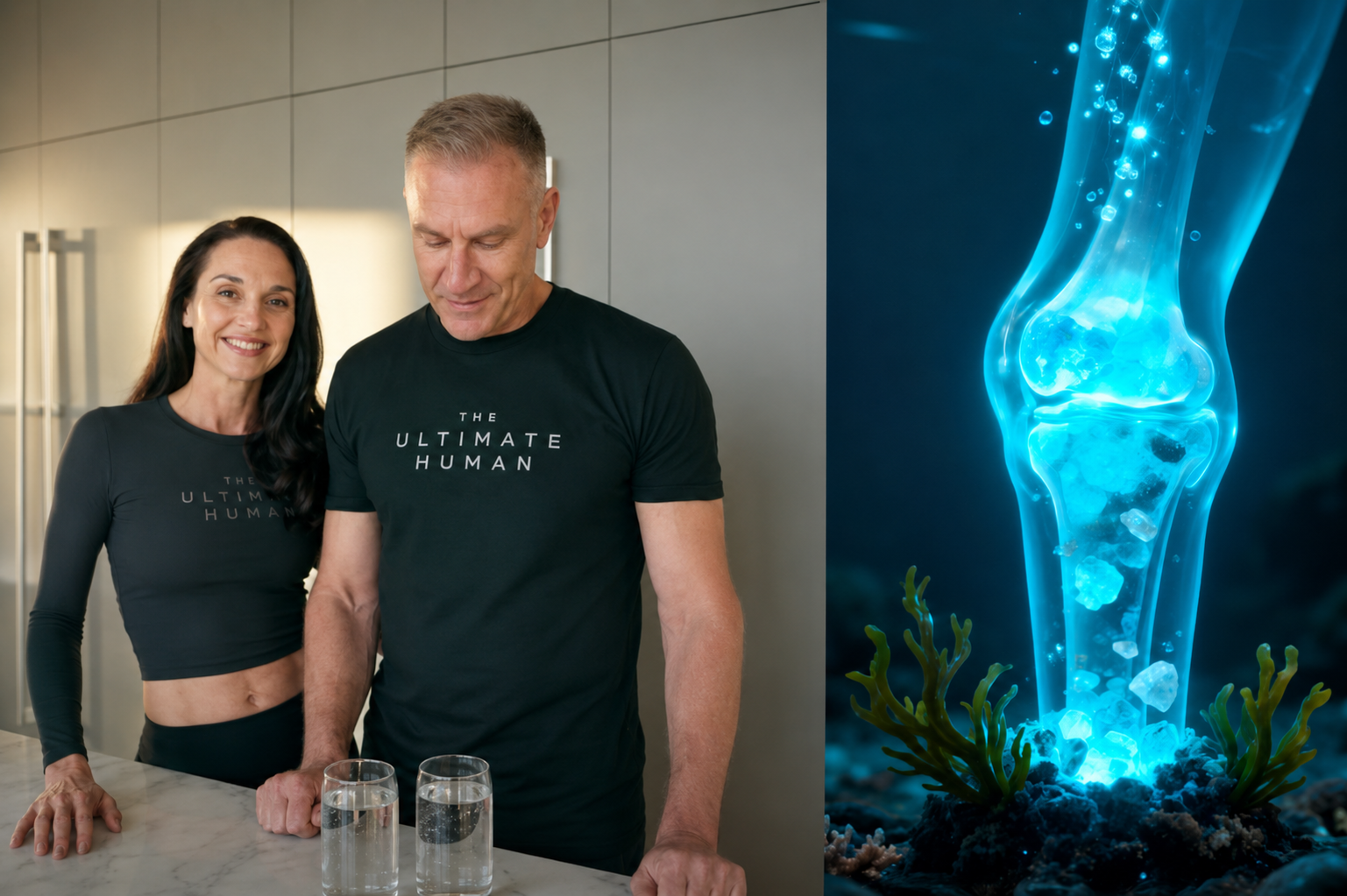 A man and woman in branded shirts stand beside a glowing blue graphic of a human knee joint.