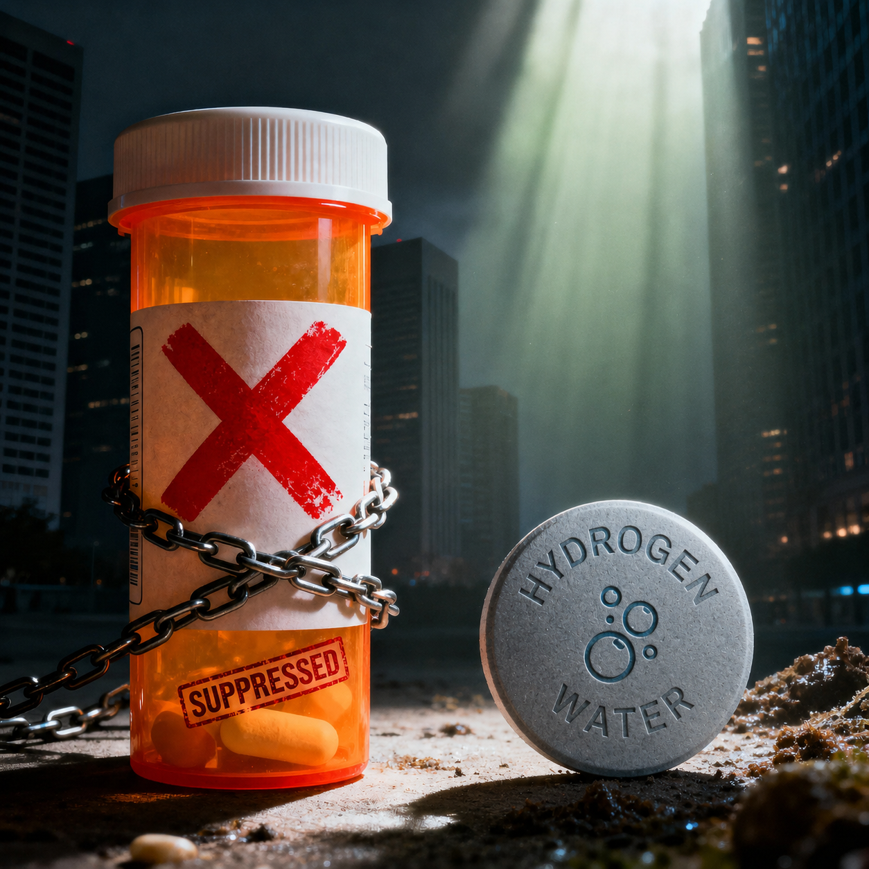 A chained pill bottle marked 'Suppressed' sits next to a large tablet labeled 'Hydrogen Water' in a city.