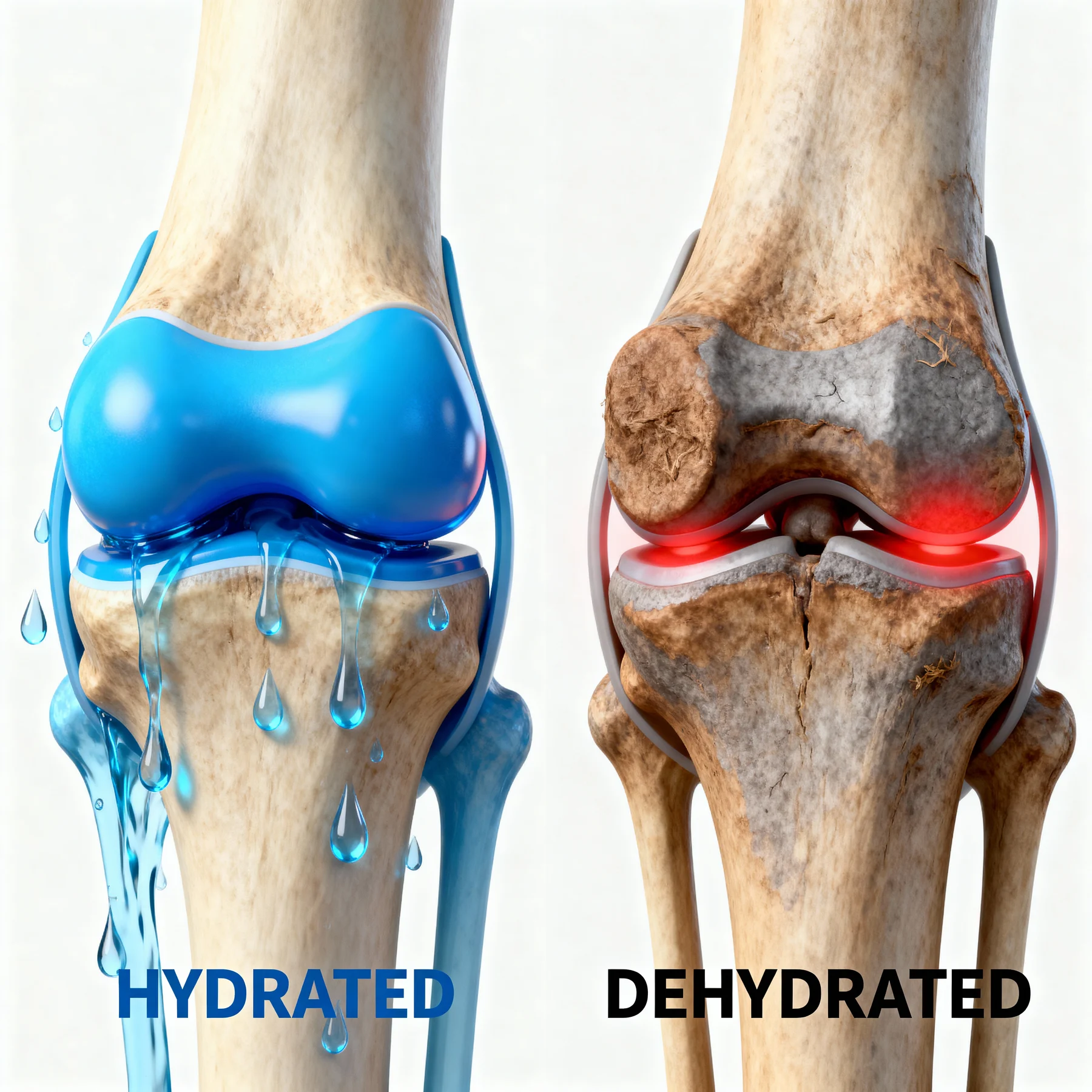 An illustration comparing a healthy, hydrated knee joint with a damaged, dehydrated knee joint.