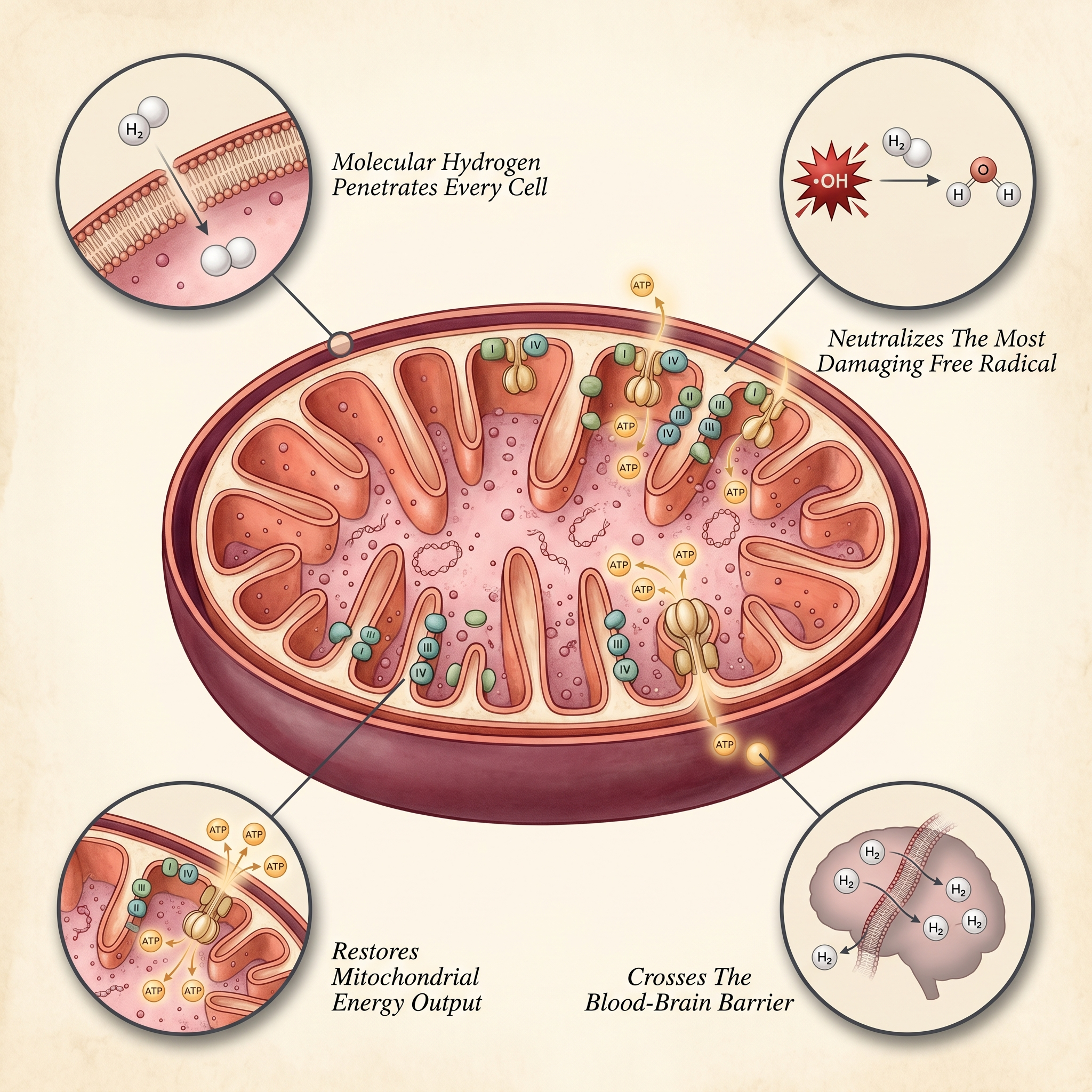 An infographic showing the effects of molecular hydrogen on a mitochondrion, neutralizing free radicals and restoring energy.