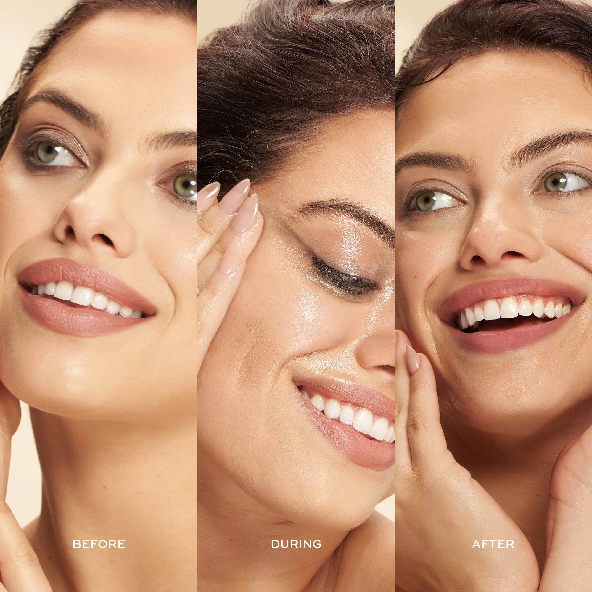 Three-panel image showing a woman's face before, during, and after skincare application.