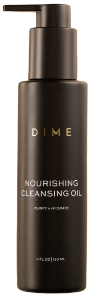Black bottle of DIME Nourishing Cleansing Oil with pump dispenser.
