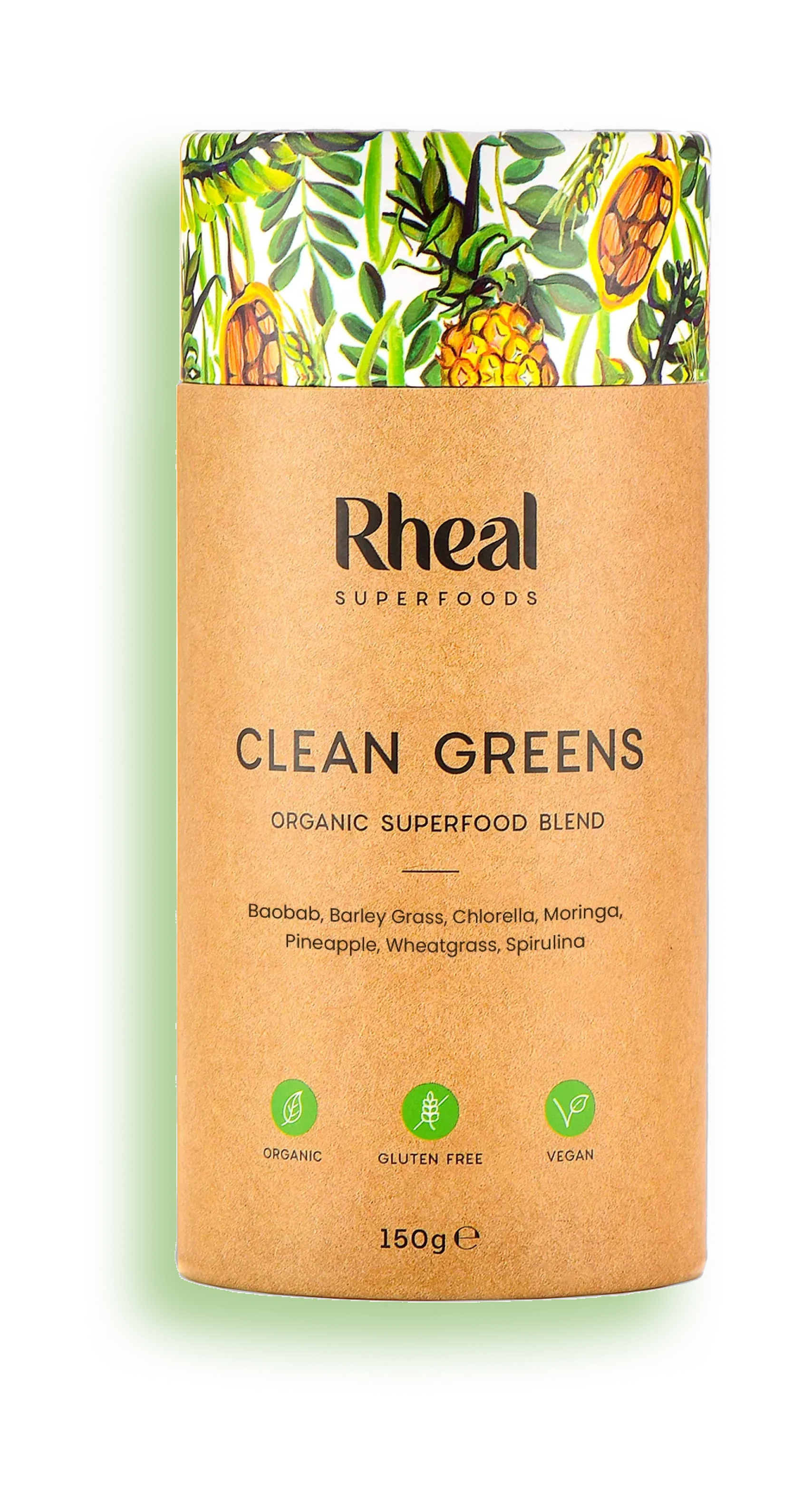 Cylinder container labeled 'Rheal Superfoods Clean Greens' with decorative green leaf artwork.