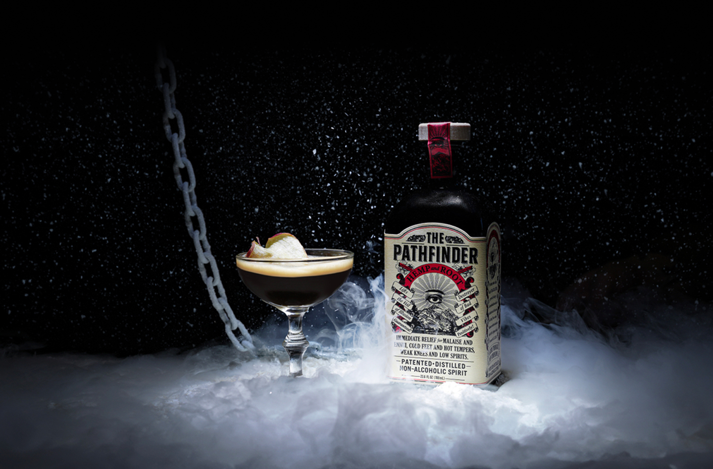Bottle labeled 'The Pathfinder' with a cocktail glass, surrounded by smoke.