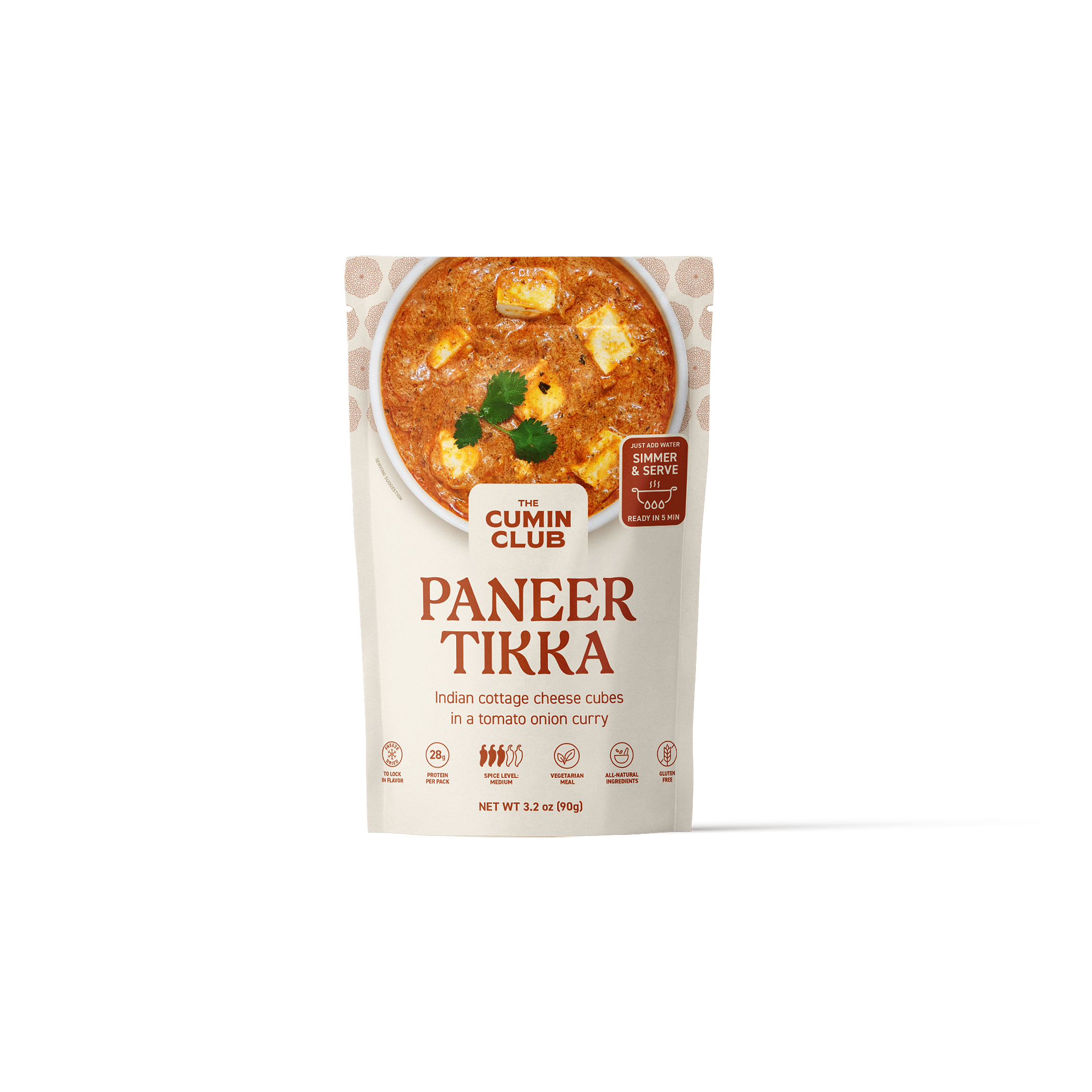 Paneer Tikka packaged meal with Indian cottage cheese in tomato onion curry.