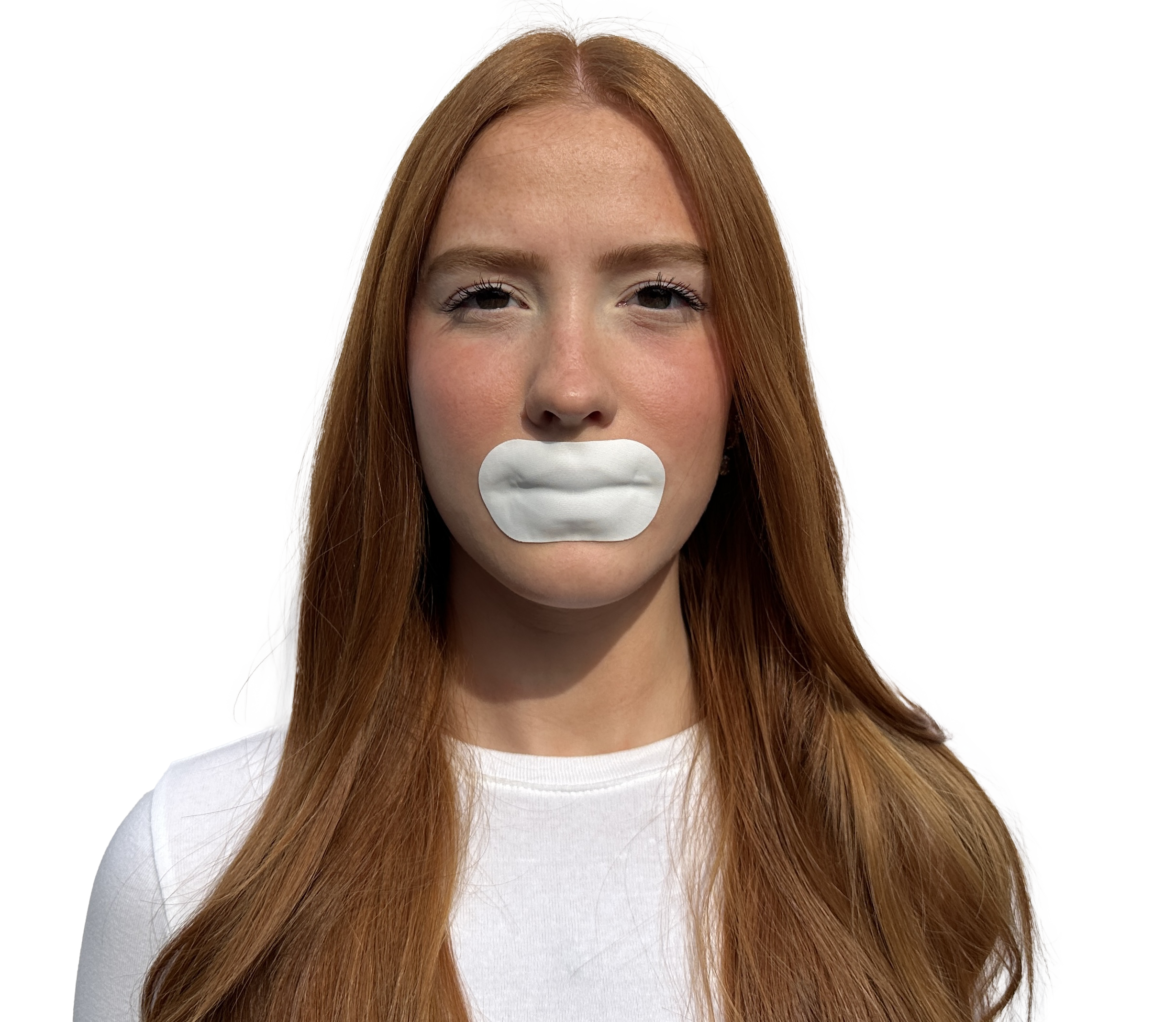 Person with red hair and white tape over mouth, wearing a white shirt.