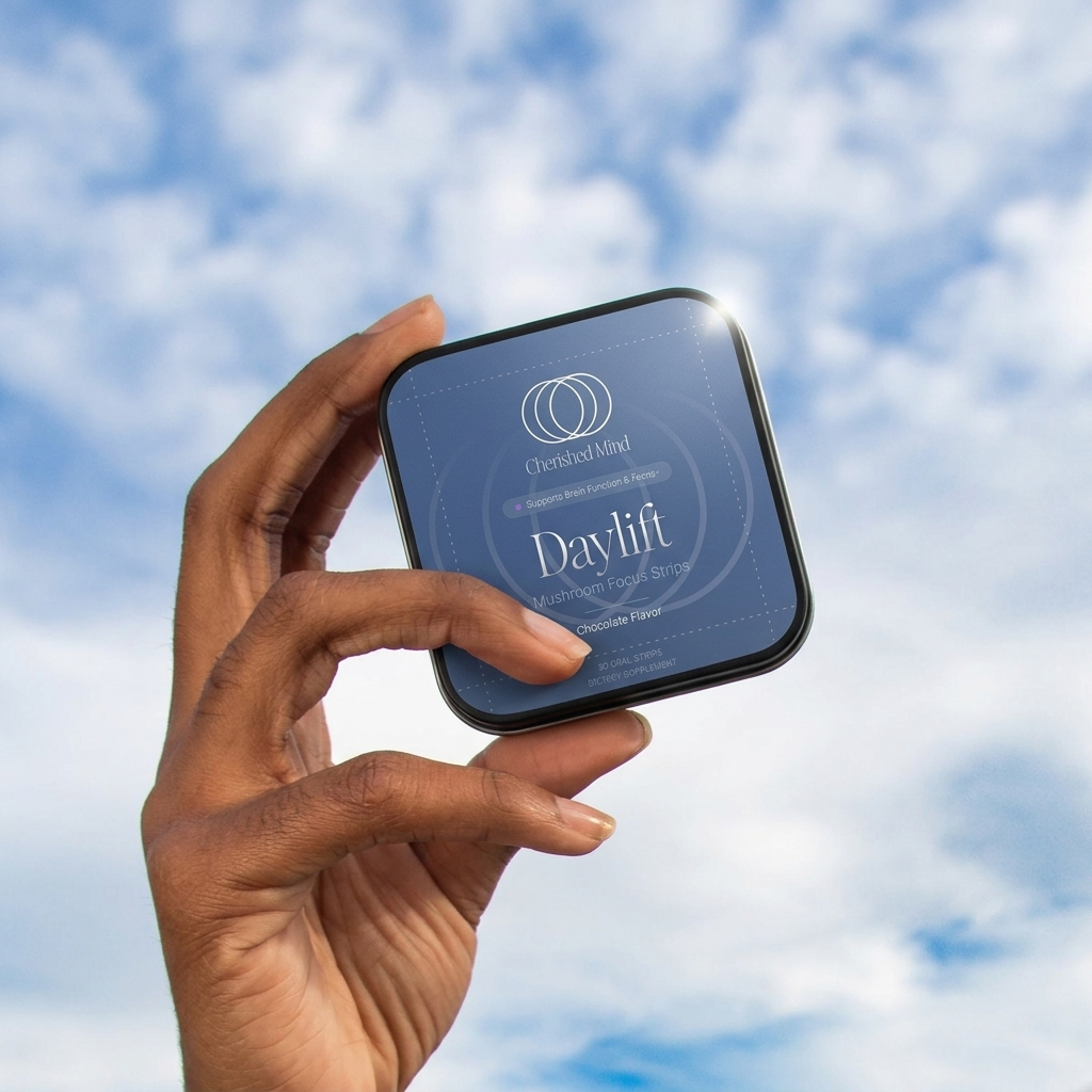 A hand holds a blue tin of Cherished Mind Daylift Mushroom Focus Strips against a cloudy sky.