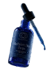 A blue glass bottle with a label and a black dropper applicator lifted out, showing a blue liquid.