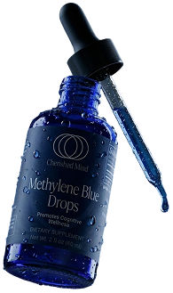 A wet, blue bottle of Cherished Mind Methylene Blue Drops with a dropper dispensing a blue drop.