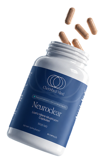 A bottle of Cherished Mind Neuroclear Lion's Mane Mushroom capsules with several capsules pouring out.