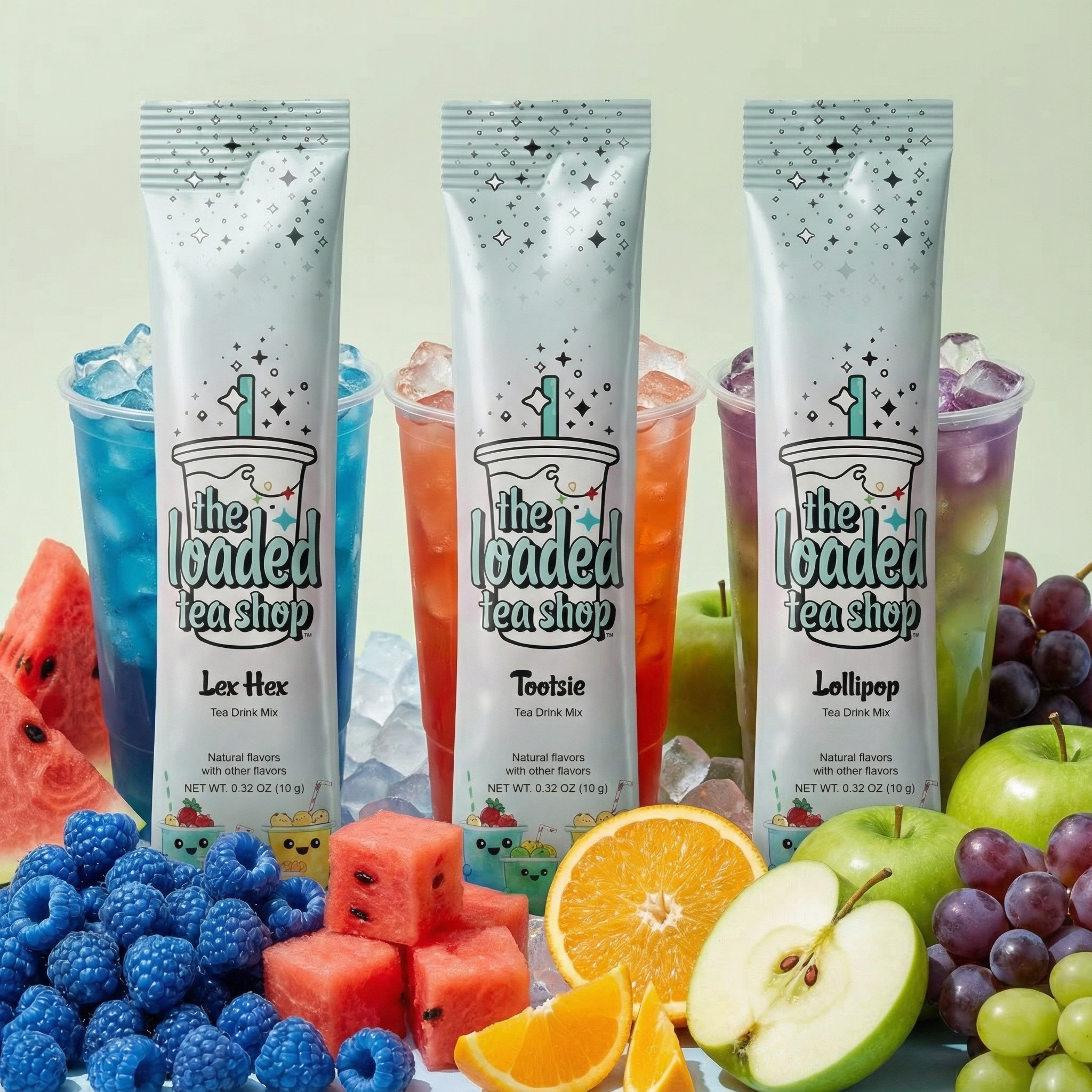 Three tea mixes with colorful drinks, fruits, and ice.