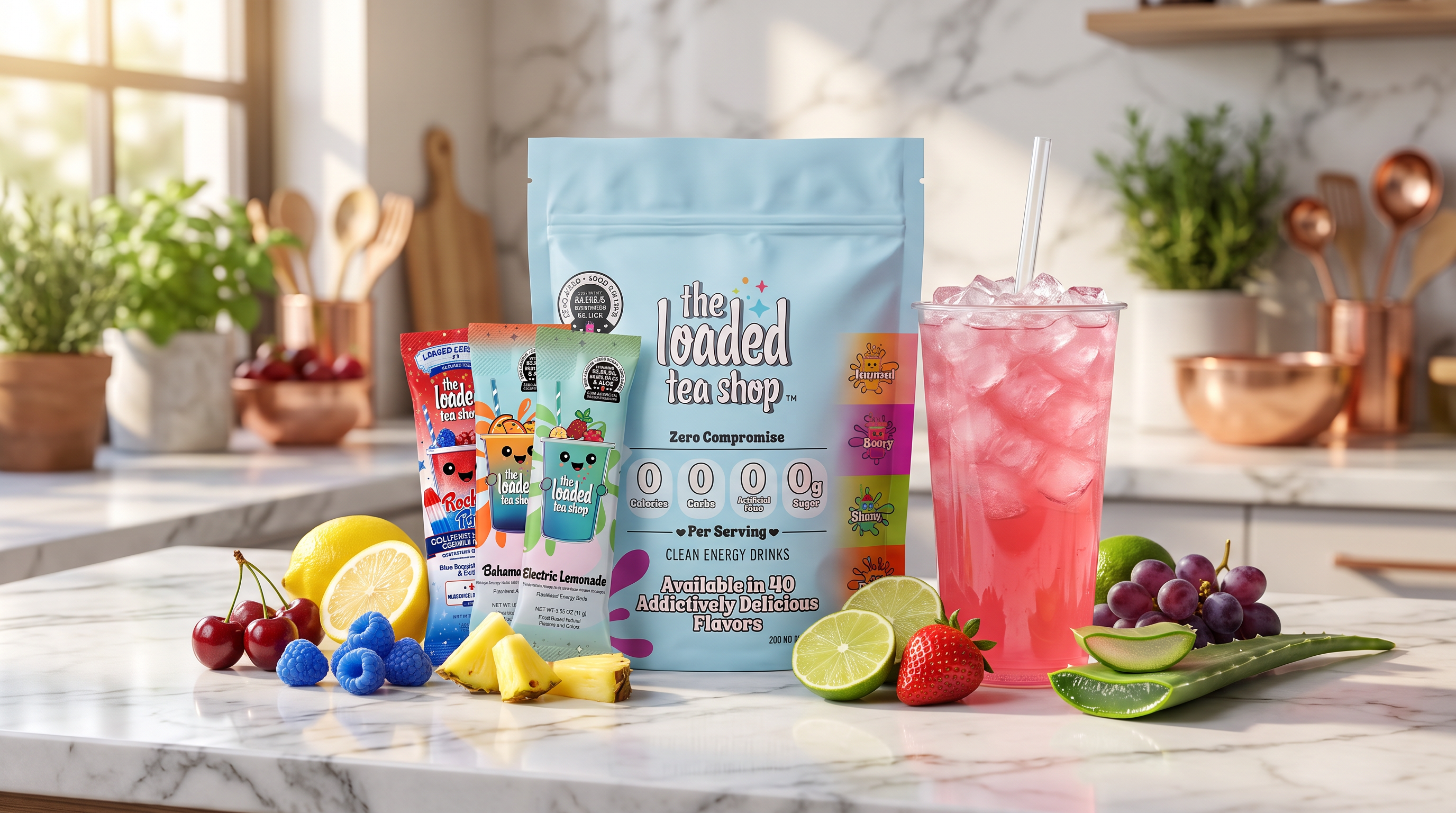 The Loaded Tea Shop drink mixes displayed on a kitchen counter with fresh fruit and a pink beverage.