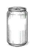 Black and white sketch of a soda can with a blank label.