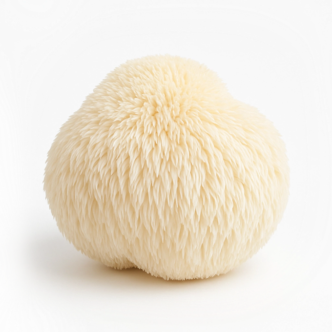 Fluffy, cream-colored, round object with a textured surface on a white background.