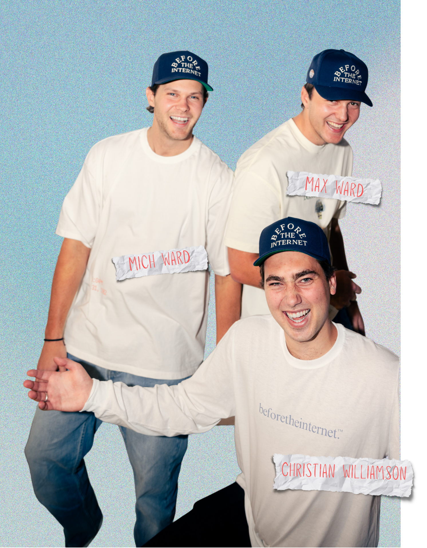 A group photo of three smiling men, Mich Ward, Max Ward, and Christian Williamson, wearing branded apparel.