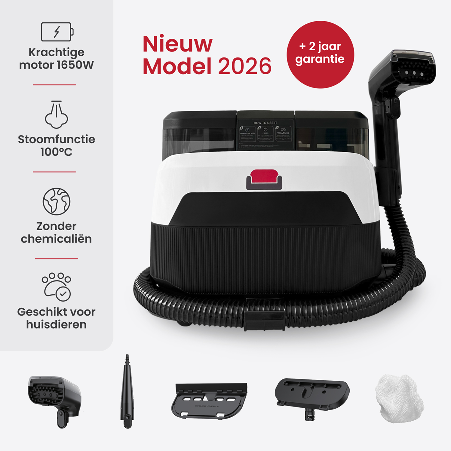 A black and white steam cleaner with its various attachments, displayed as a product advertisement with Dutch text.