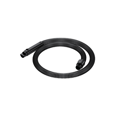 A long, black, corrugated flexible hose with connectors at each end, coiled into a circle.