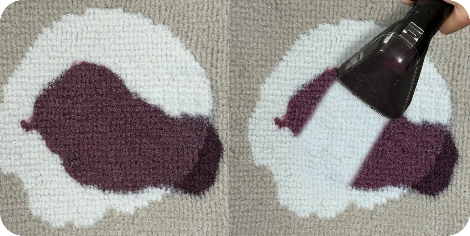 A side-by-side comparison of a carpet cleaner removing a dark purple stain from a rug.