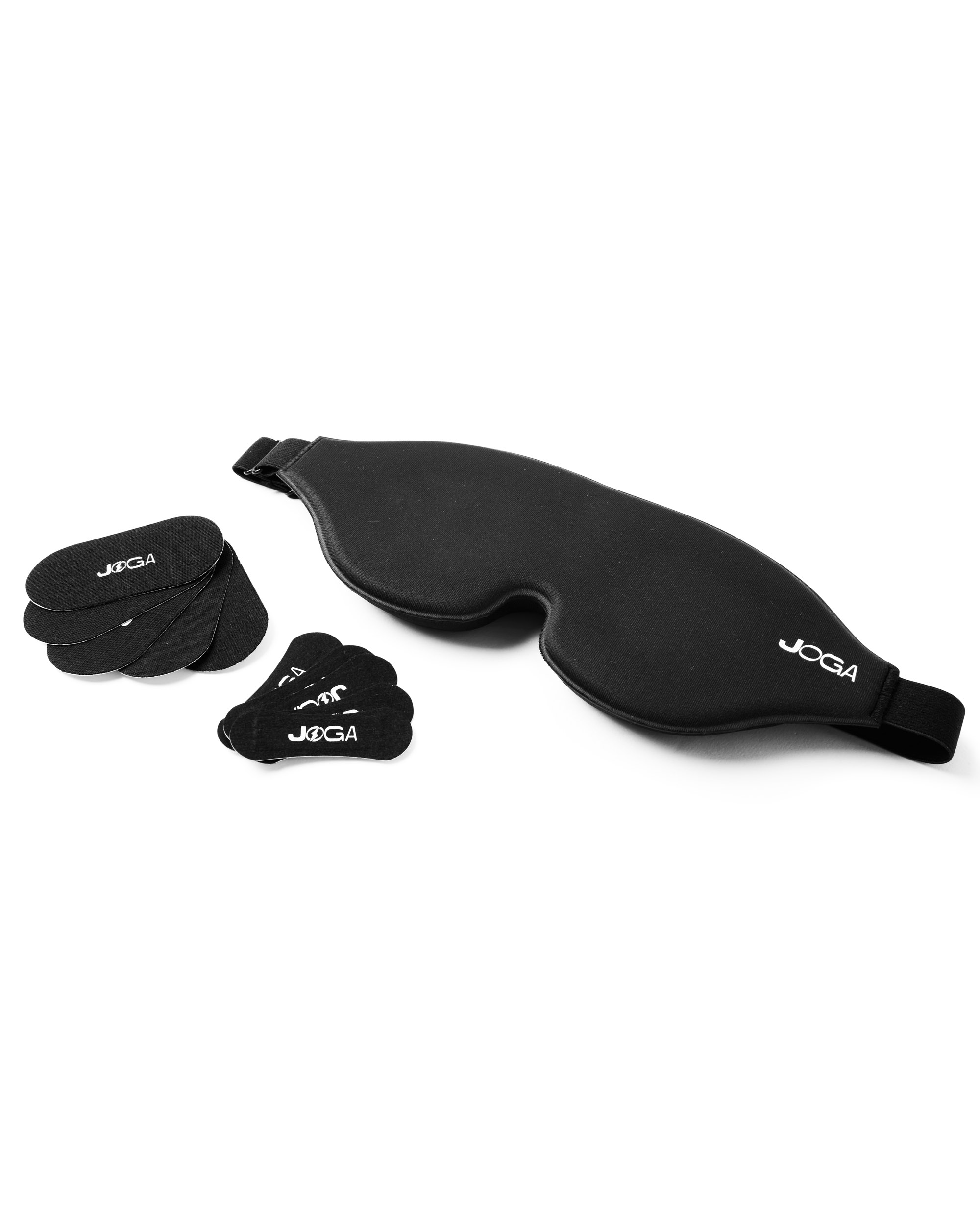 Black sleep mask and patches with 'JOGA' logo on a white background.