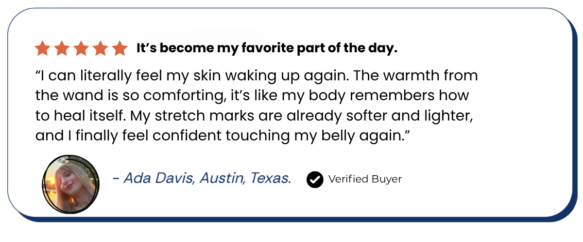 Testimonial with a five-star rating and a verified buyer's review.