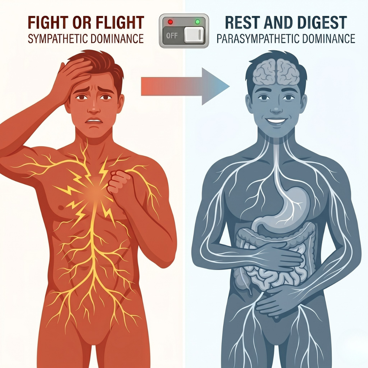 A diagram comparing the 'fight or flight' sympathetic response to the 'rest and digest' parasympathetic response.