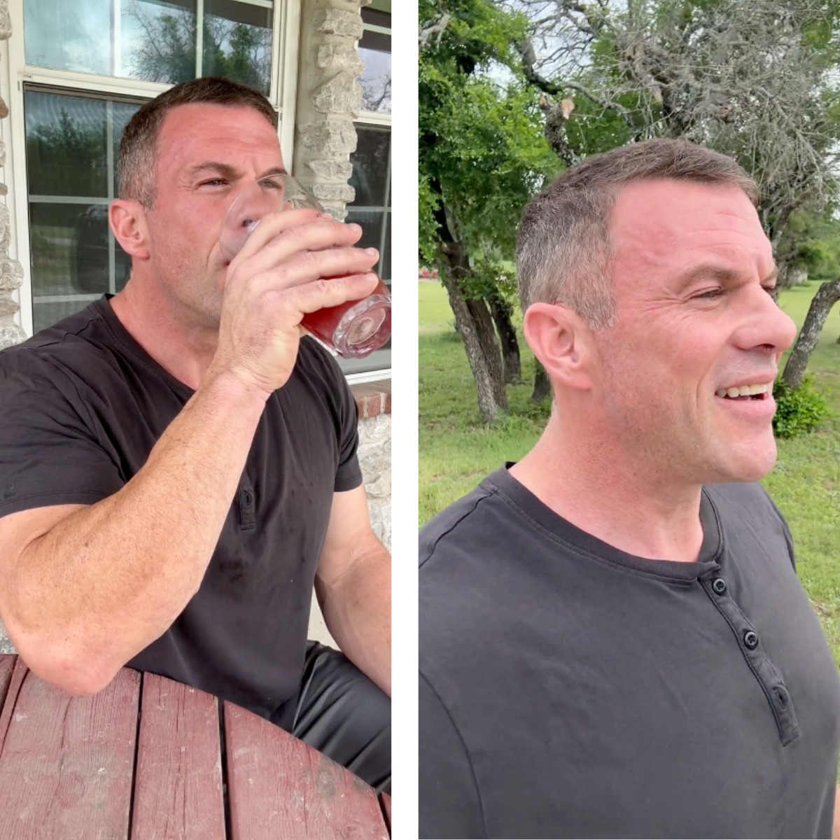 A diptych showing a man drinking at a table on the left and smiling outdoors on the right.