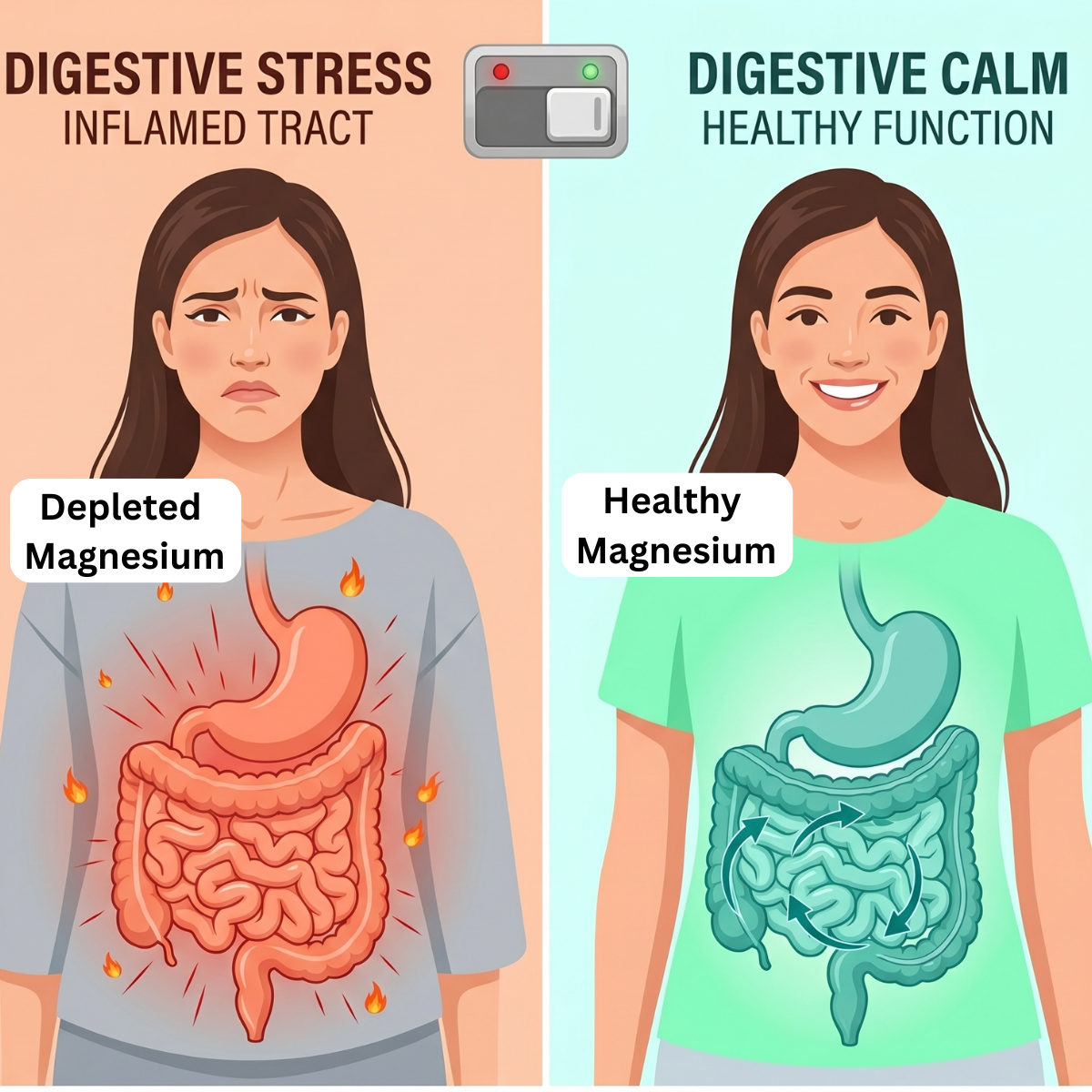 An infographic contrasting a stressed, inflamed digestive tract with a calm, healthy one, related to magnesium levels.