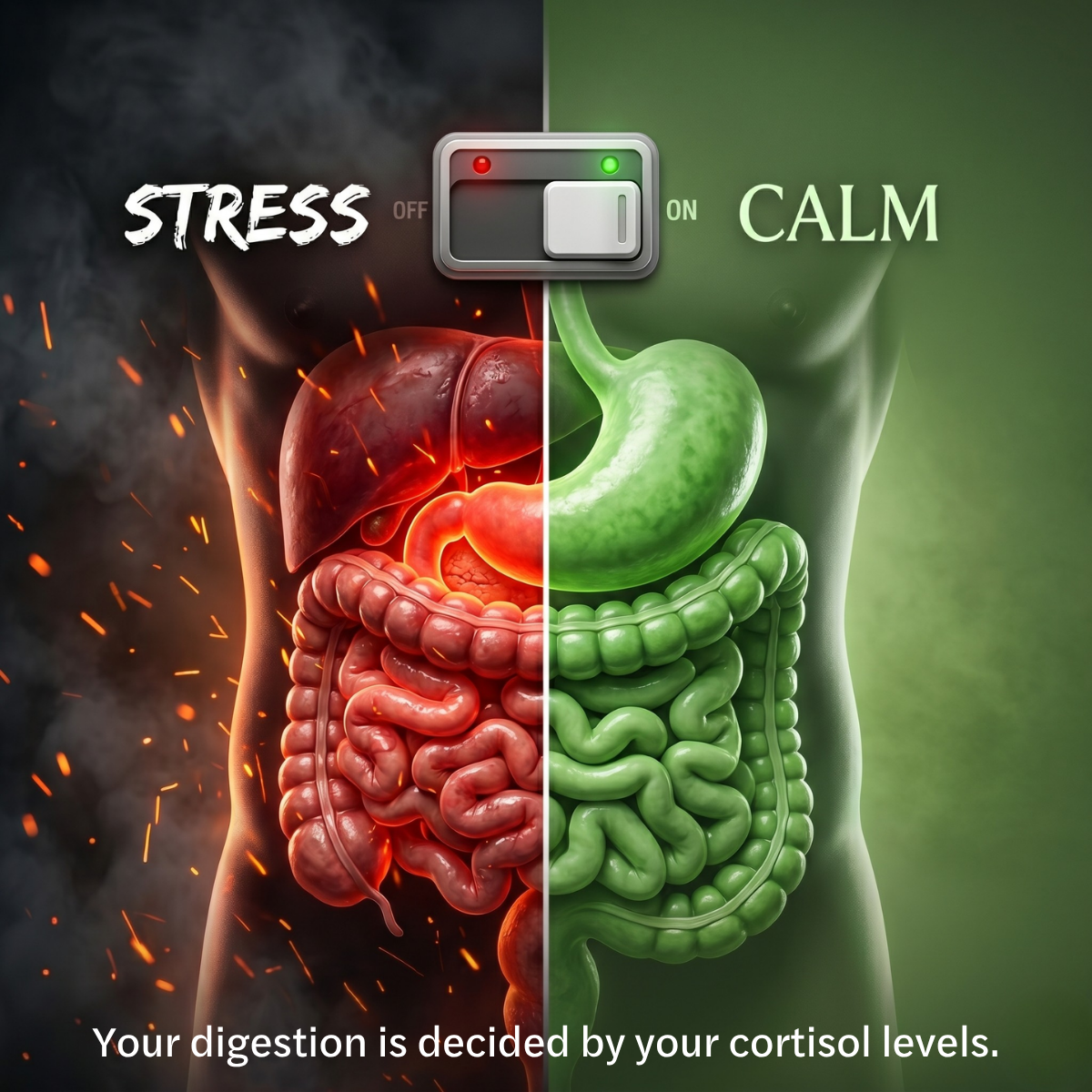 An illustration comparing a stressed, red digestive system to a calm, green one, controlled by a light switch.