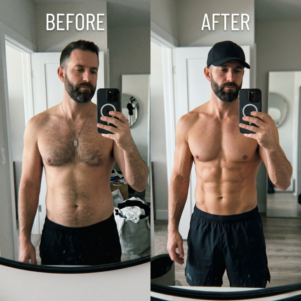 A before-and-after comparison of a man's physique, showing a transformation to a more muscular and defined body.