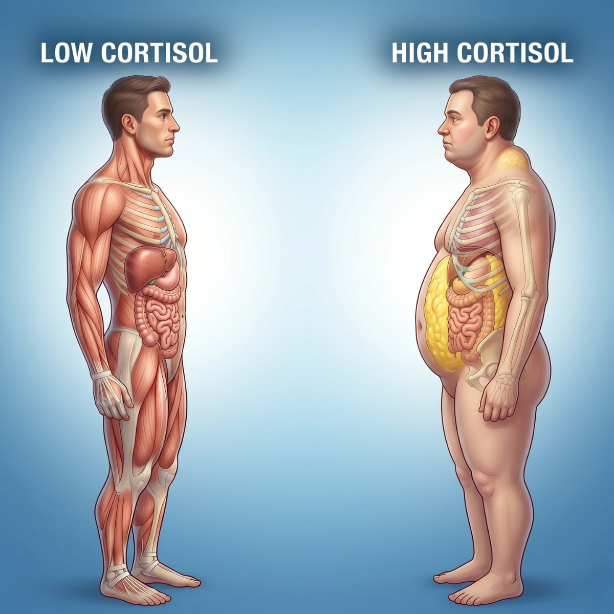 An illustration comparing the bodies of a lean man labeled 'Low Cortisol' and an overweight man labeled 'High Cortisol'.
