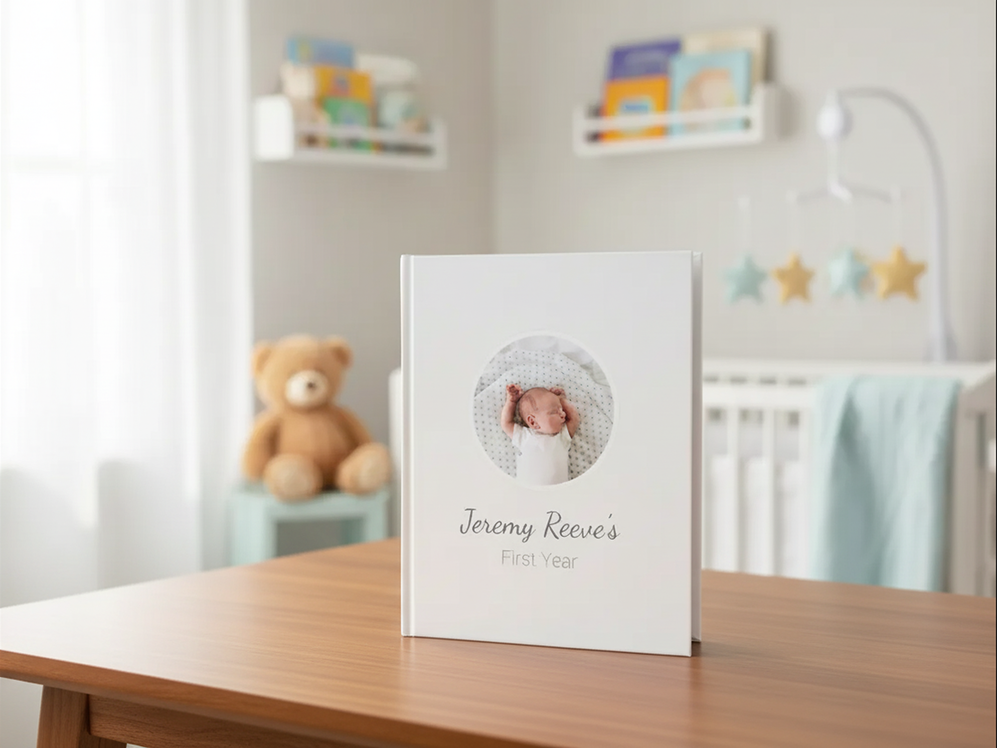 Photo album on a table in a nursery with toys and crib.