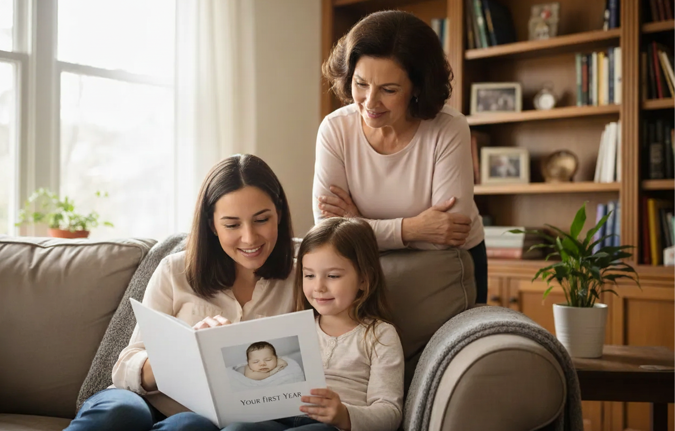 A grandmother, mother, and daughter sit on a couch and look at a 'Your First Year' photo album.