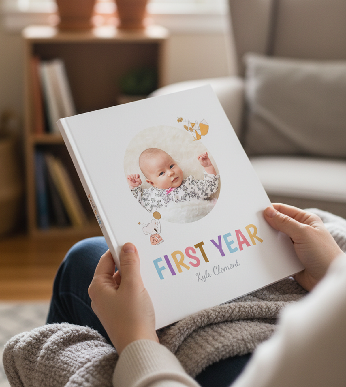 Person holding a baby photo book titled 'First Year.'