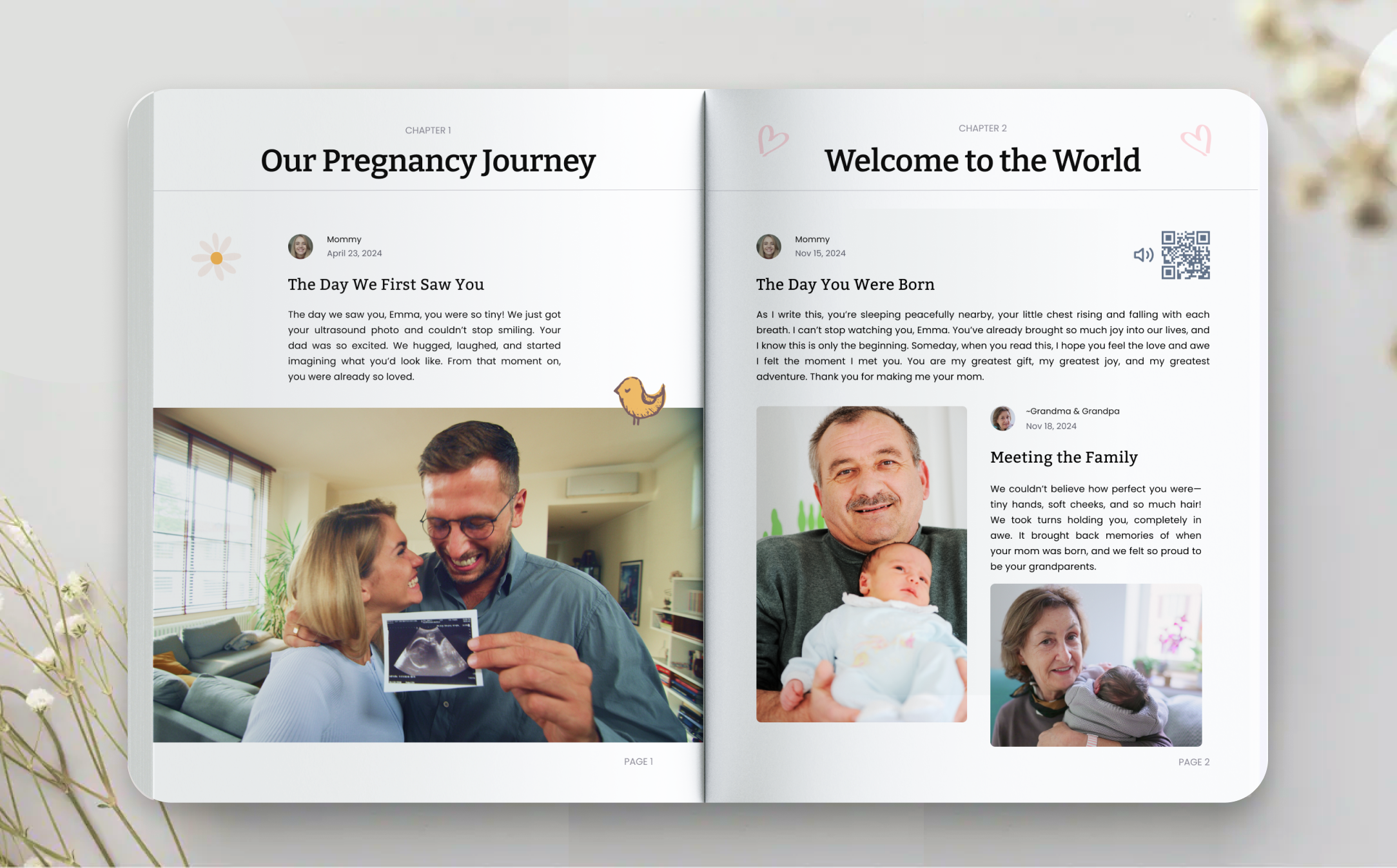 Open book with images of a couple holding ultrasound and grandparents with a newborn.