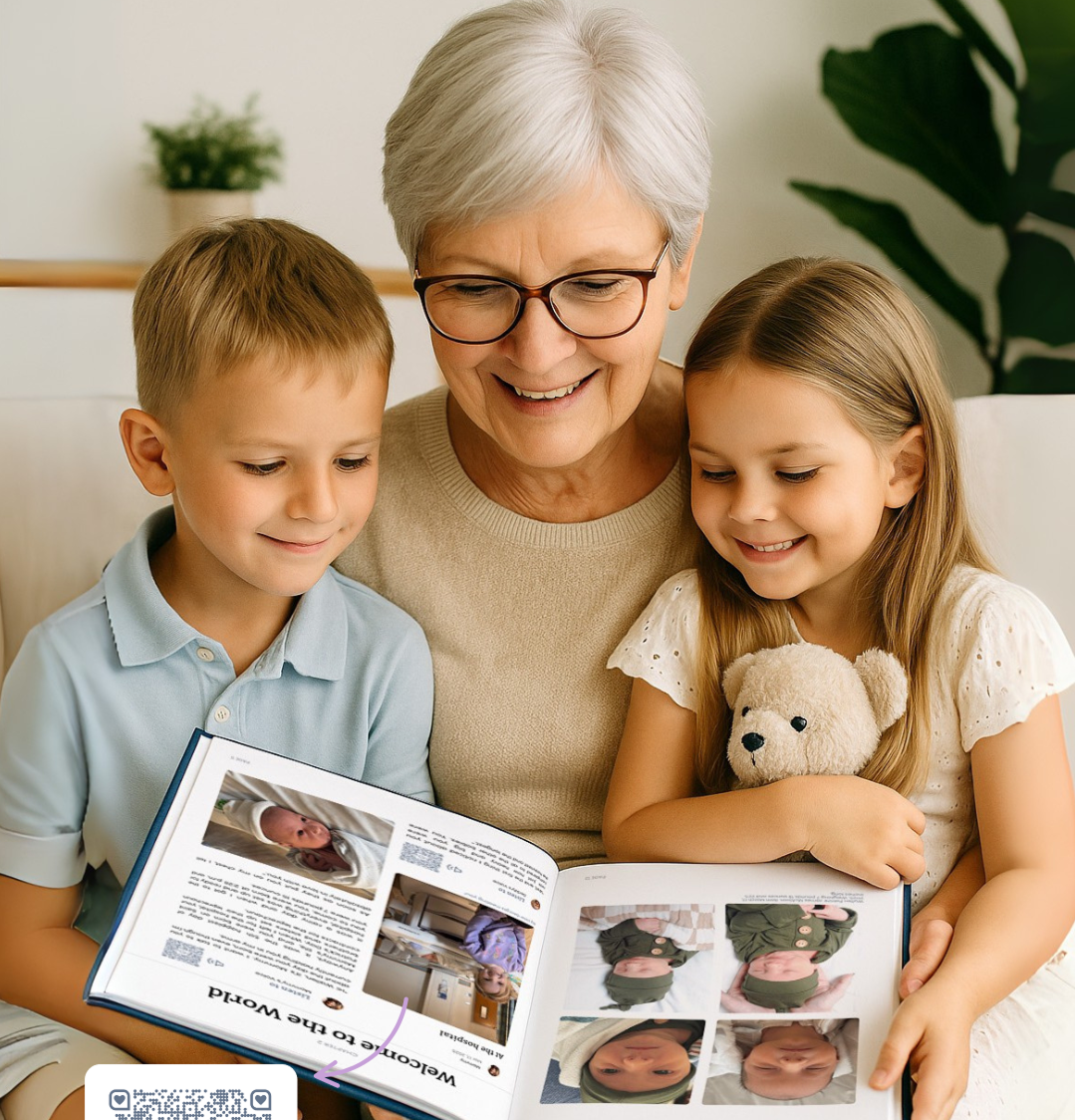 Elderly woman with two children reading a photo album together.