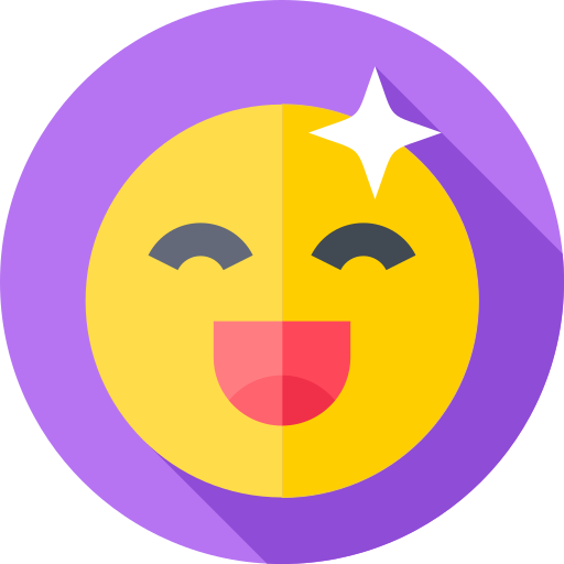 A flat design icon of a smiling, sparkling emoji inside a purple circle.