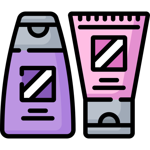 A colored icon of a purple bottle and a pink tube of toiletries.