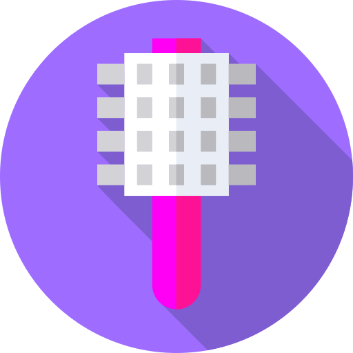 A flat design icon of a pink and white hairbrush on a purple background.