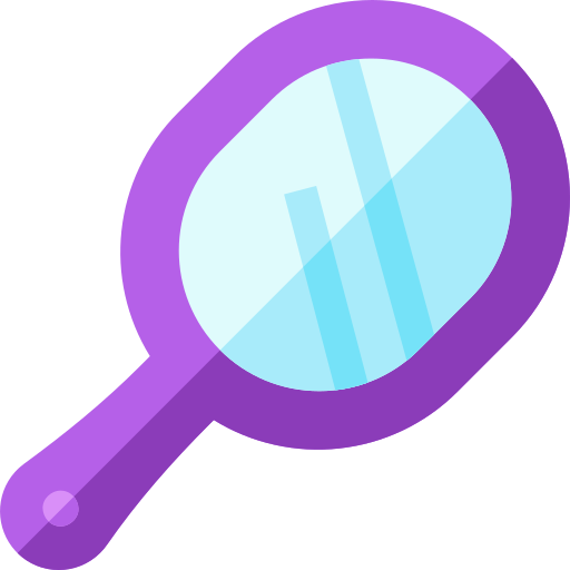 A simple purple icon of a hand mirror with light blue reflections.