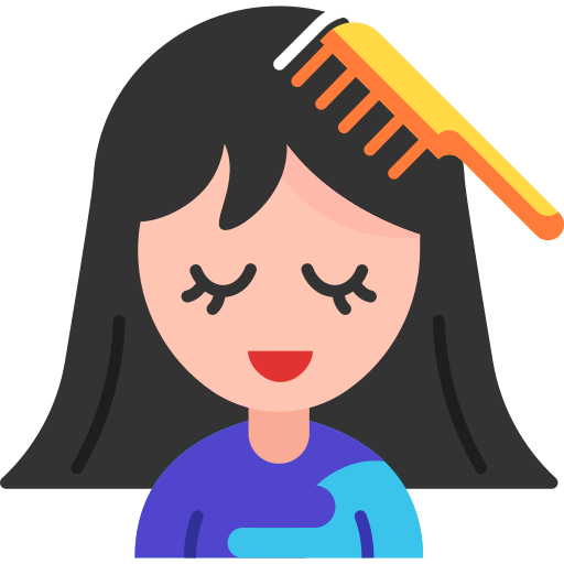 A cartoon illustration of a person with long black hair combing their hair with a yellow comb.