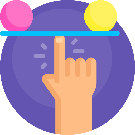 A cartoon icon of a finger balancing a blue beam with a pink and yellow ball on it.